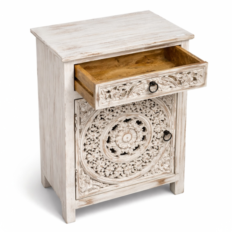 Hand-Carved Mandala Bedside Cabinet