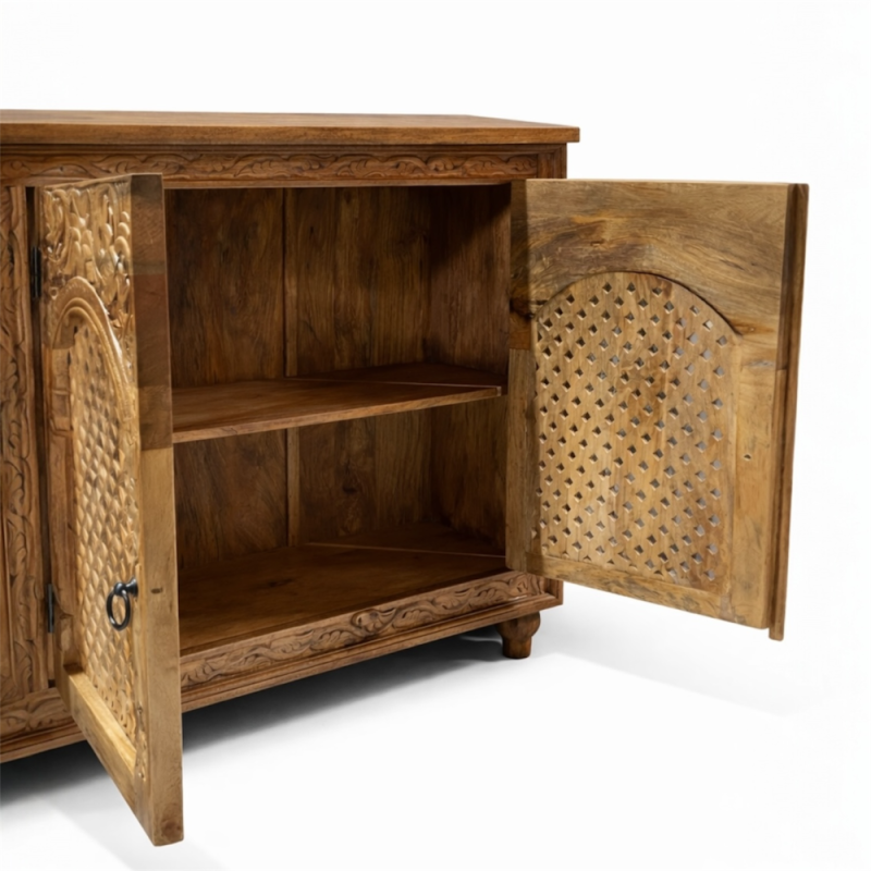 Hand-Carved Lattice Sideboard Cabinet