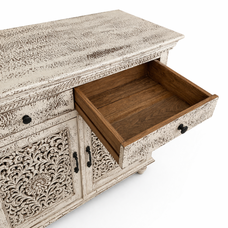 Distressed Carved Wooden Sideboard