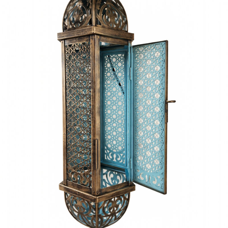 Brass Blue Glass Hanging Lantern