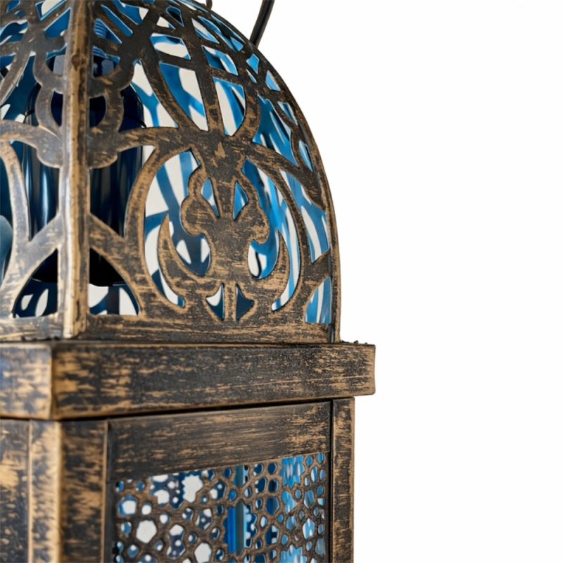 Brass Blue Glass Hanging Lantern
