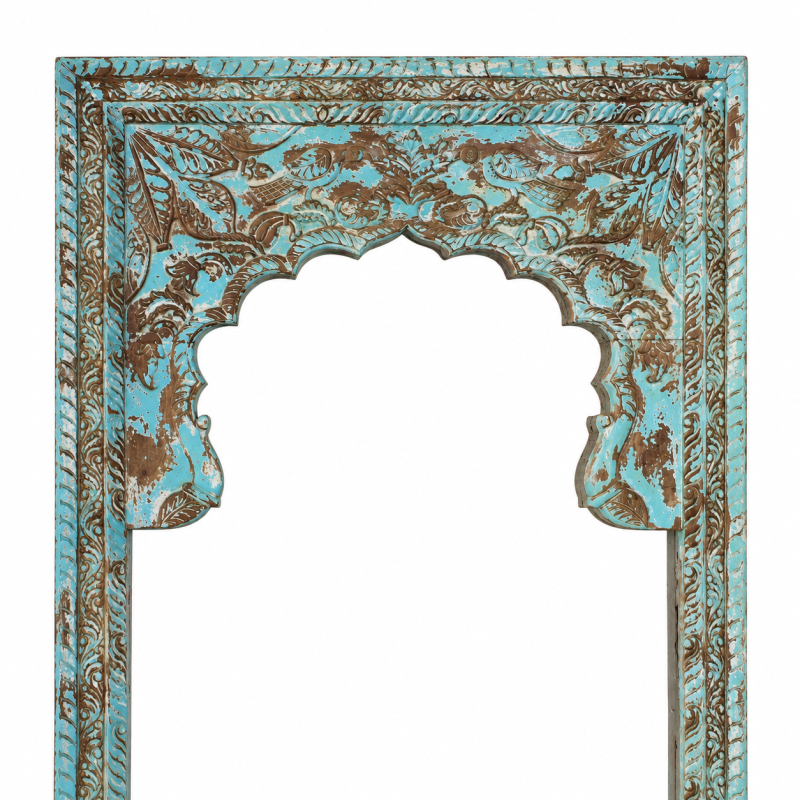 Indian Carved Arch Mirror – Turquoise Patina