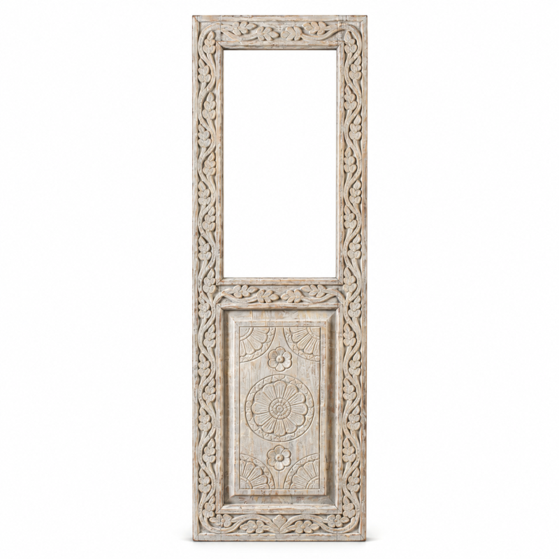 Narrow Carved Door Mirror – Whitewashed Wood