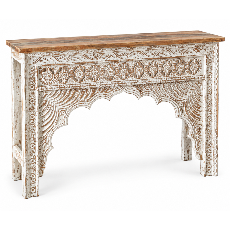 Hand-Carved Arch Console Table – Whitewashed Wood