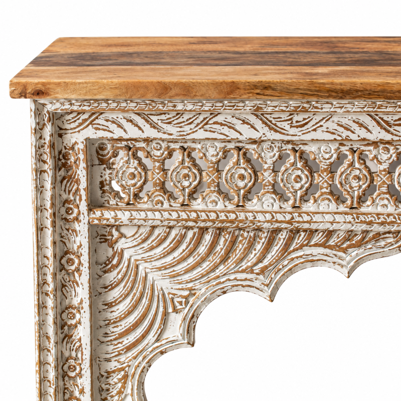 Hand-Carved Arch Console Table – Whitewashed Wood