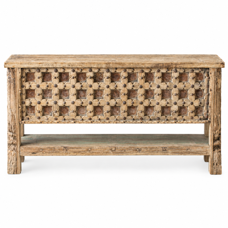Jali Front Console Table with Lower Shelf – Natural Wood
