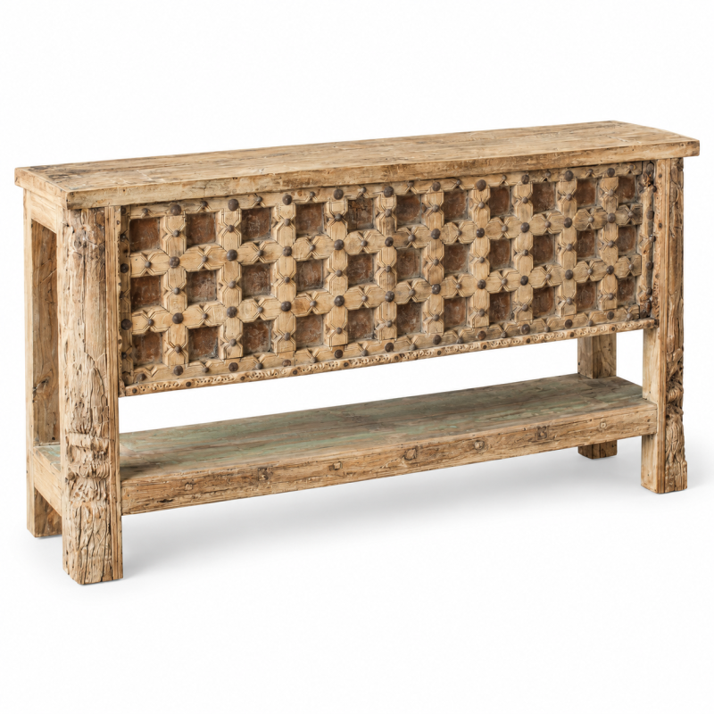 Jali Front Console Table with Lower Shelf – Natural Wood