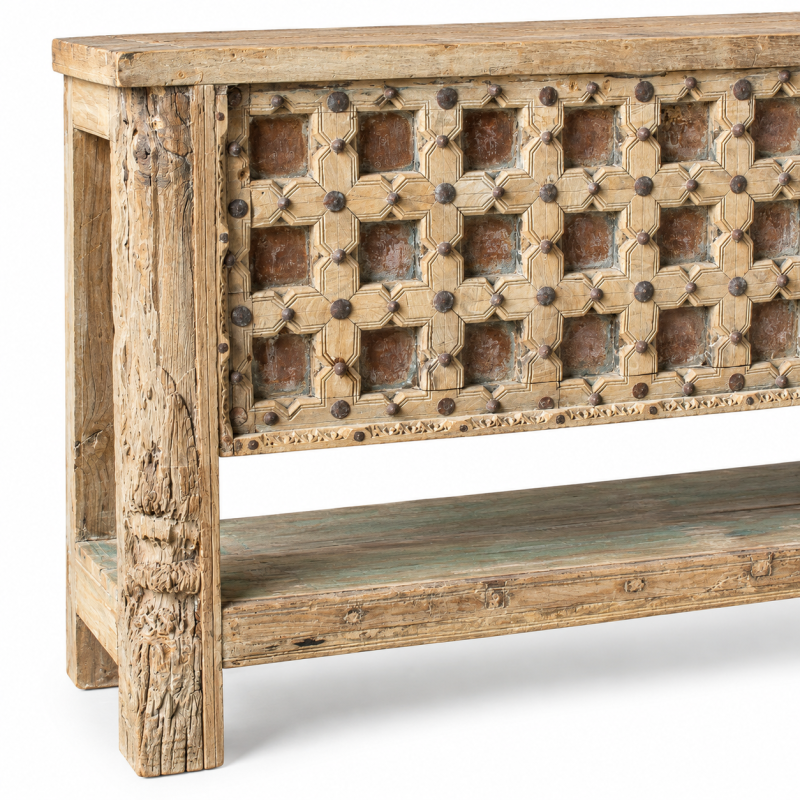 Jali Front Console Table with Lower Shelf – Natural Wood
