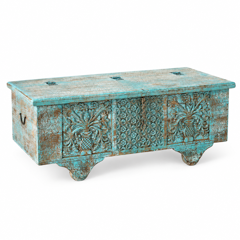Carved Medallion Trunk – Turquoise Patina