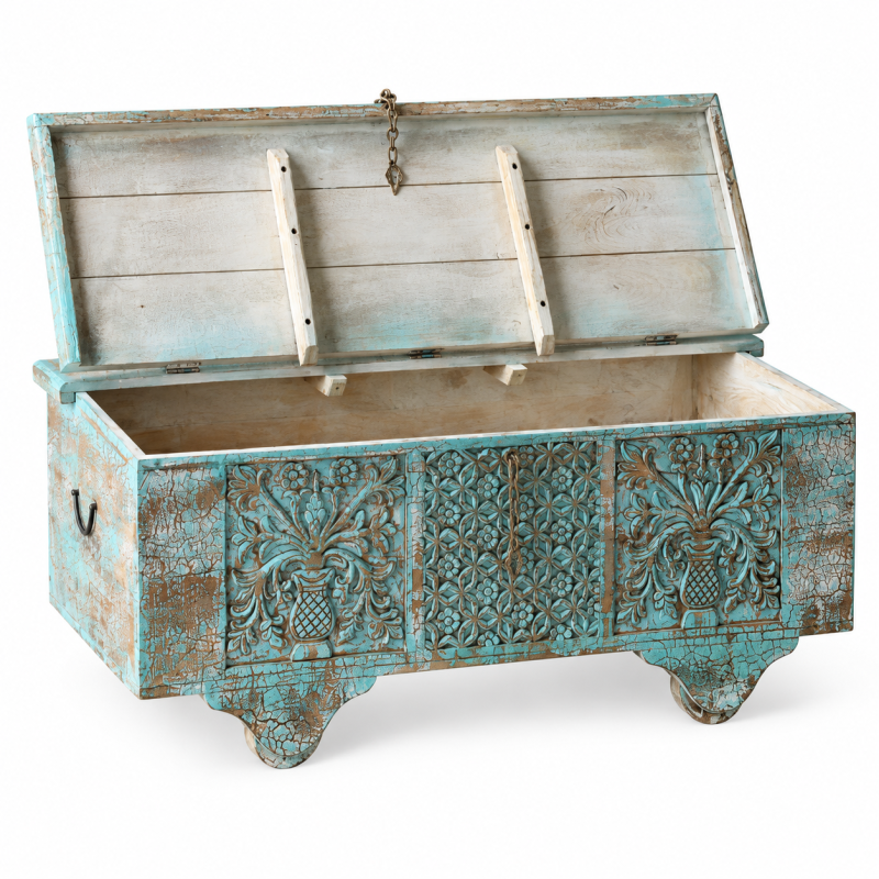 Carved Medallion Trunk – Turquoise Patina