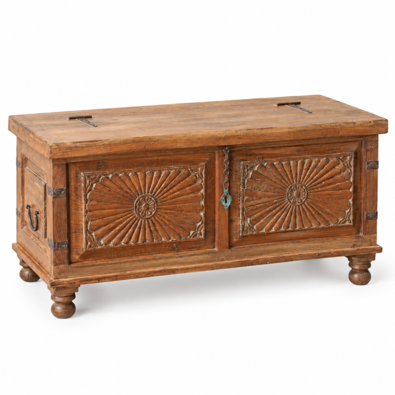 Carved Round Medallion Trunk – Natural Wood