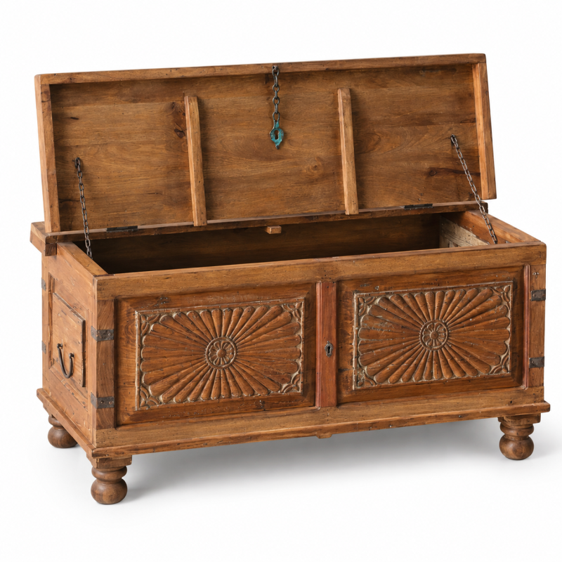 Carved Round Medallion Trunk – Natural Wood