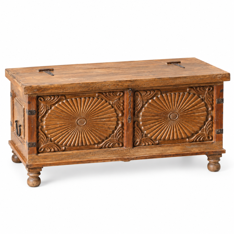Carved Round Medallion Trunk – Natural Wood