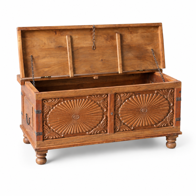 Carved Round Medallion Trunk – Natural Wood