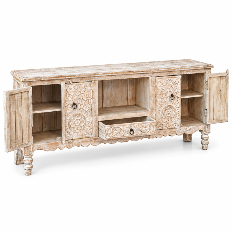 Carved TV Cabinet – Aged Whitewashed Wood
