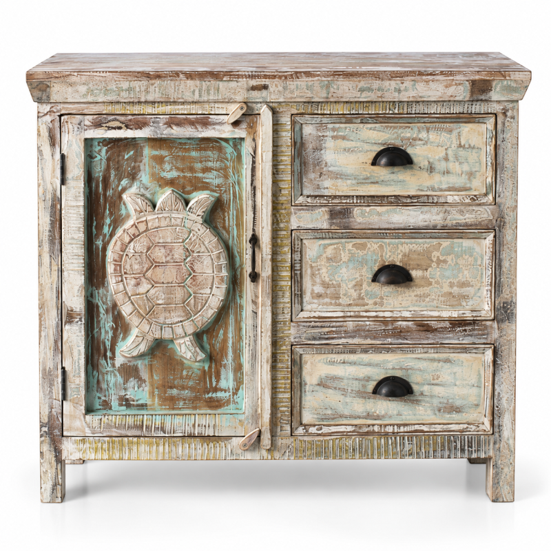Turtle Medallion Cabinet with Drawers – Distressed Turquoise White