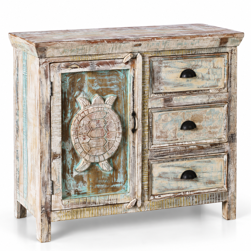 Turtle Medallion Cabinet with Drawers – Distressed Turquoise White