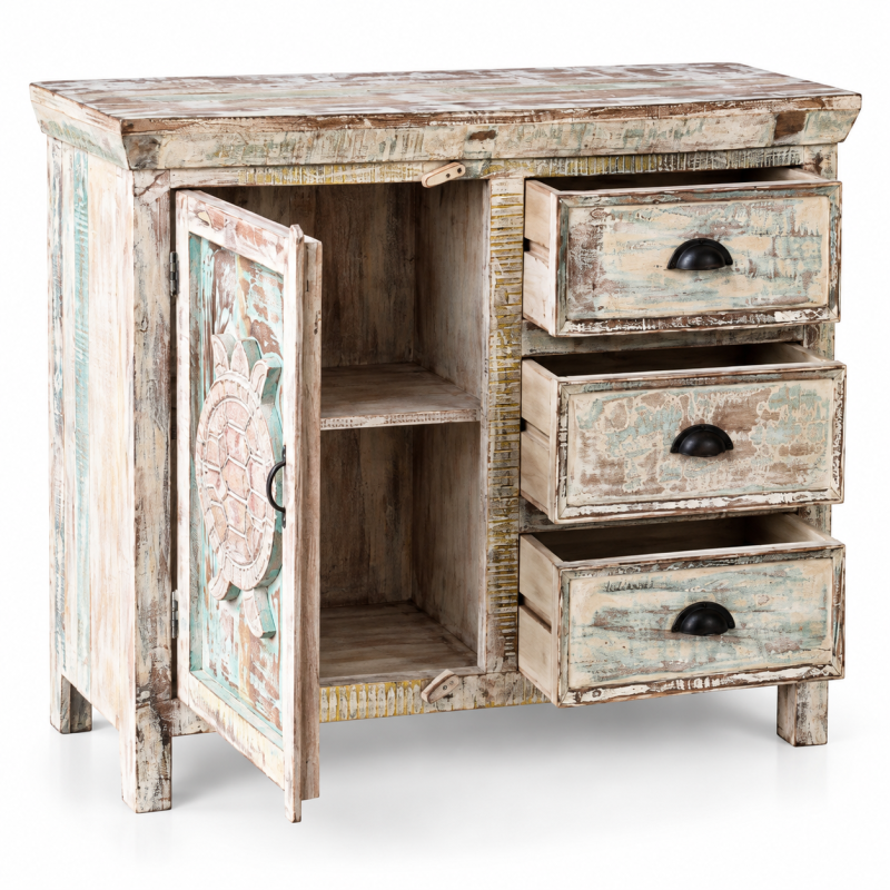 Turtle Medallion Cabinet with Drawers – Distressed Turquoise White