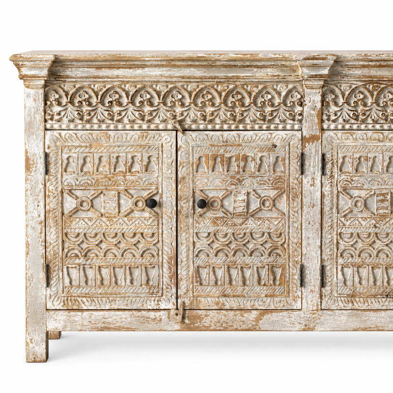 Round Motif Carved Sideboard – Whitewashed Wood