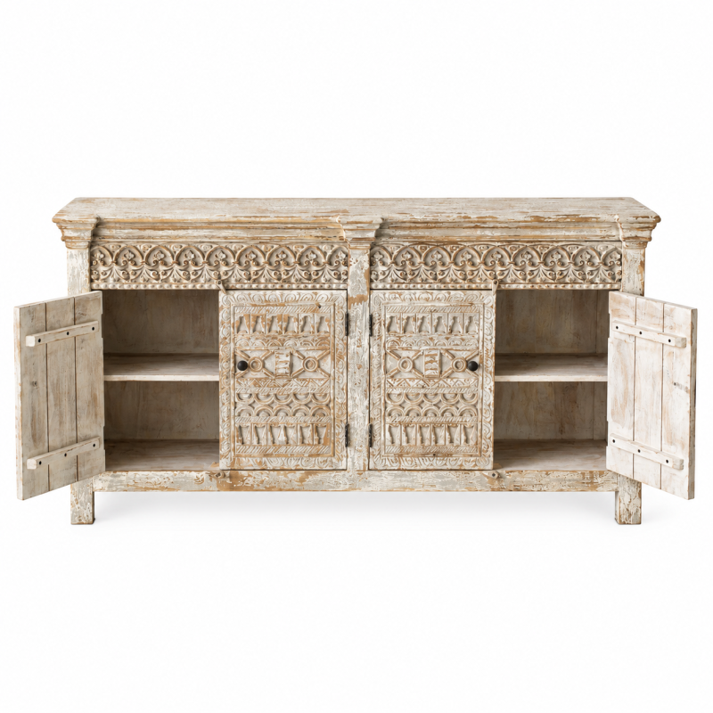 Round Motif Carved Sideboard – Whitewashed Wood