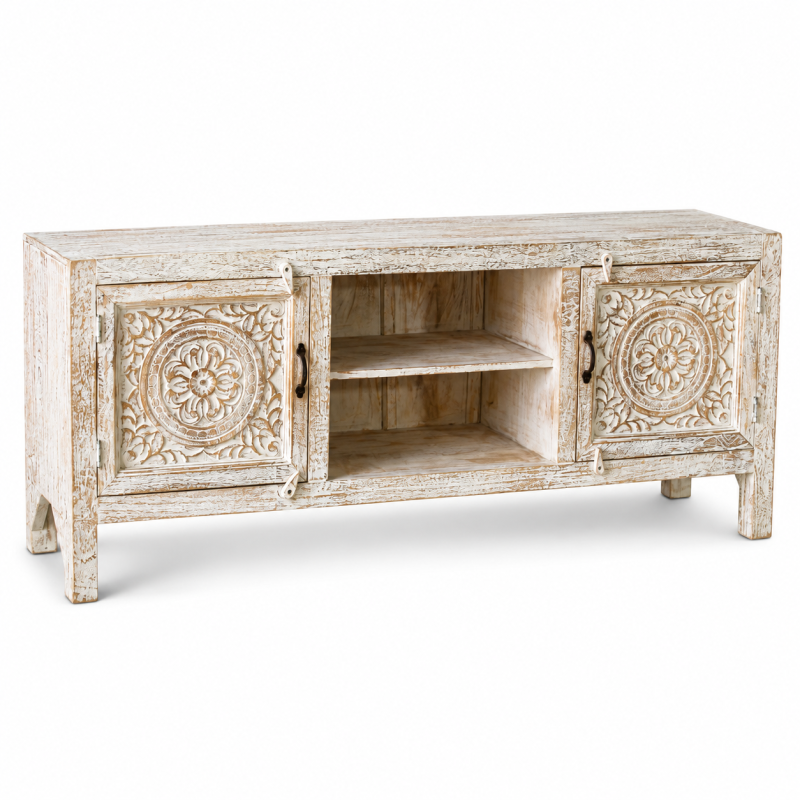 Carved TV Cabinet with Open Shelf – Whitewashed Wood