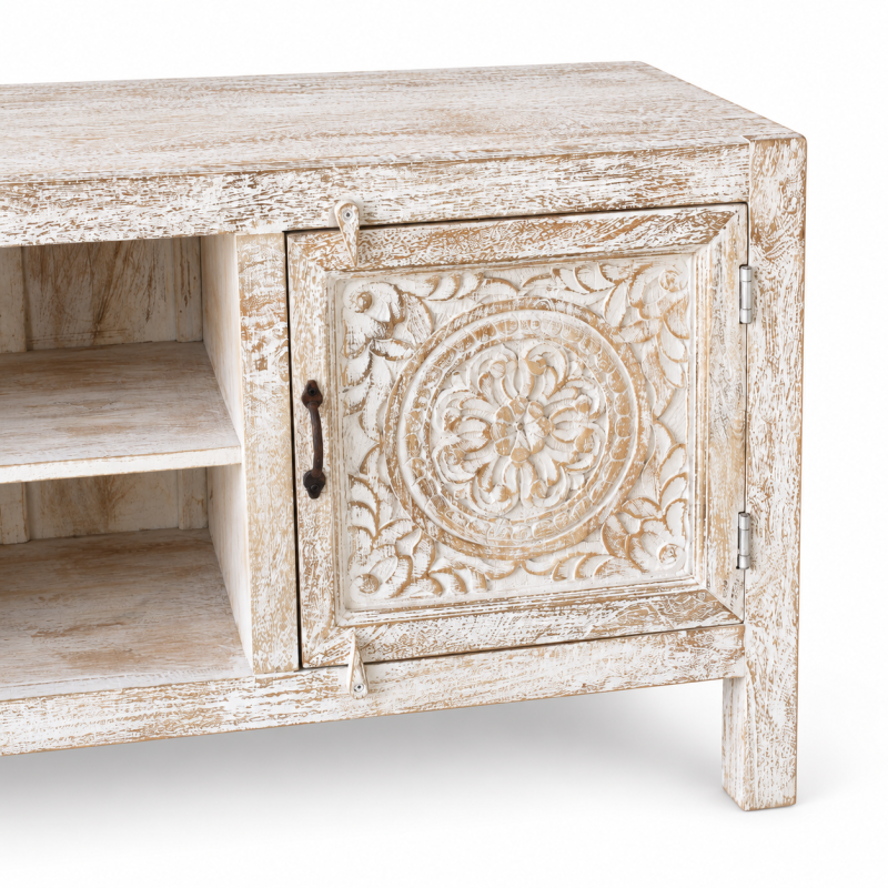Carved TV Cabinet with Open Shelf – Whitewashed Wood