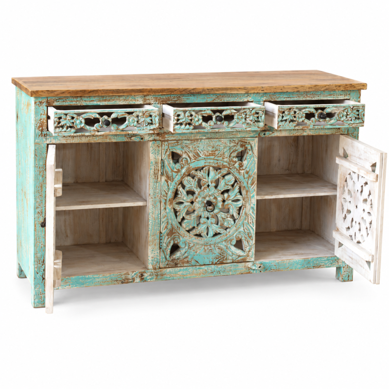 Round Jali Sideboard – Turquoise Patina