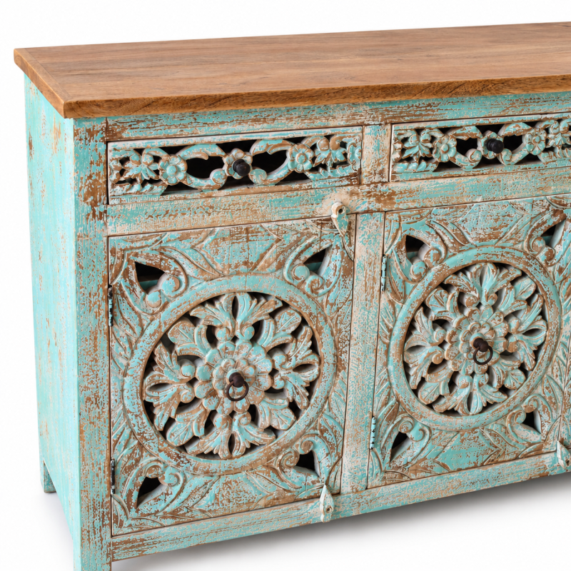 Round Jali Sideboard – Turquoise Patina