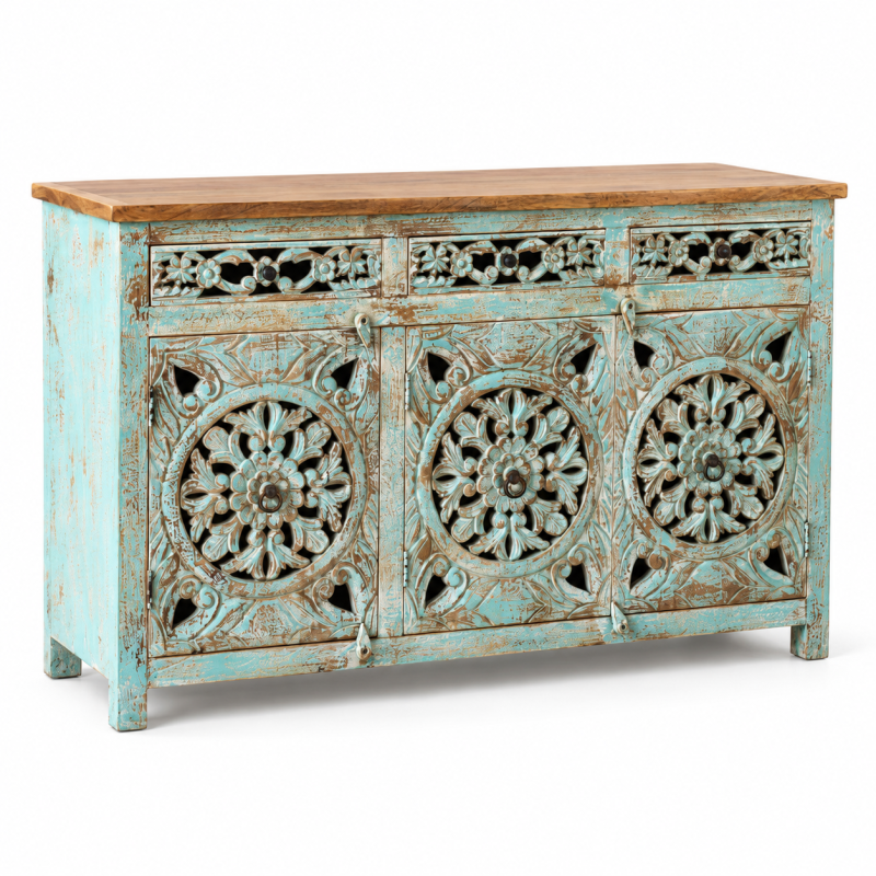 Round Jali Sideboard – Turquoise Patina