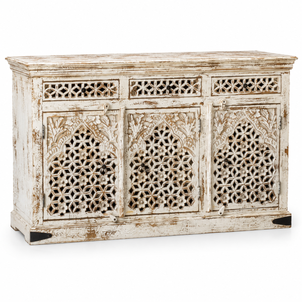 Three-Door Jali Sideboard – Whitewashed Wood