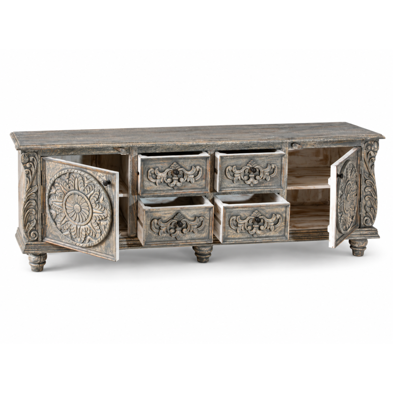Carved Medallion TV Cabinet – Grey White Patina