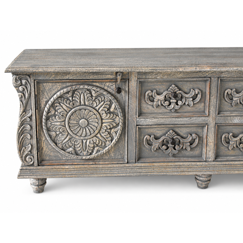 Carved Medallion TV Cabinet – Grey White Patina