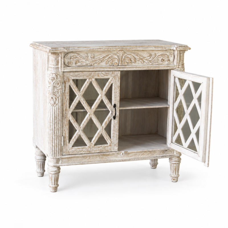 Diamond Lattice Two-Door Cabinet – Whitewashed Wood
