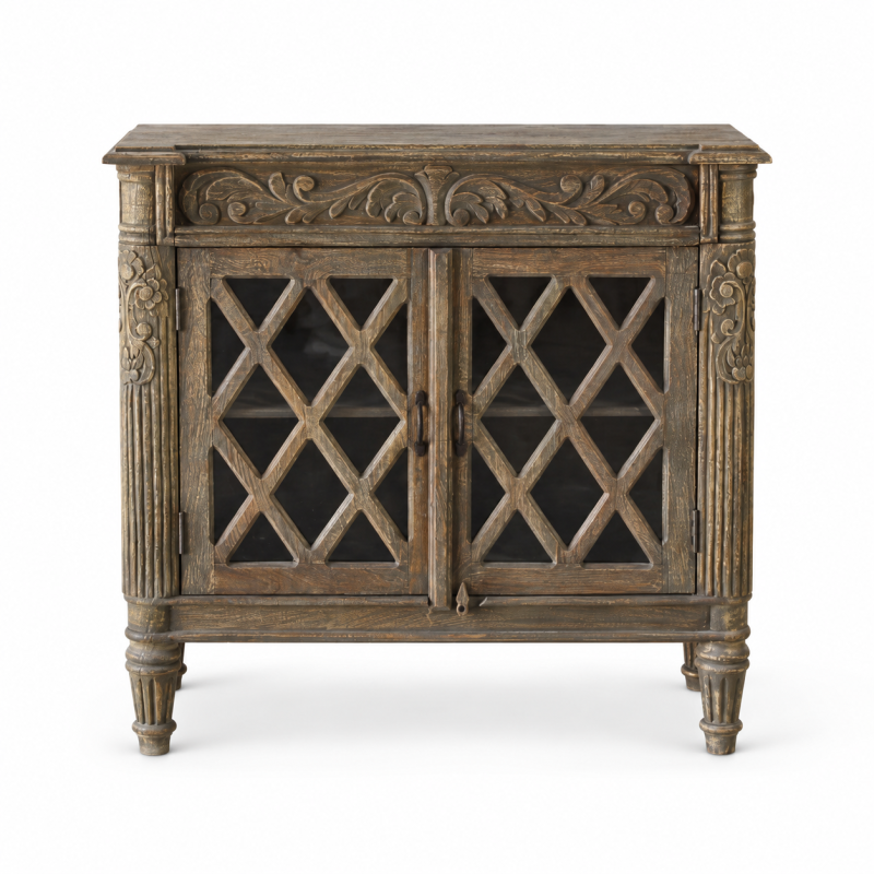 Diamond Lattice Two-Door Cabinet – Dark Aged Wood