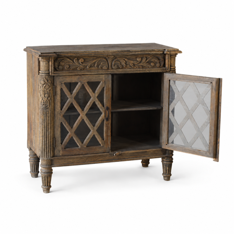 Diamond Lattice Two-Door Cabinet – Dark Aged Wood