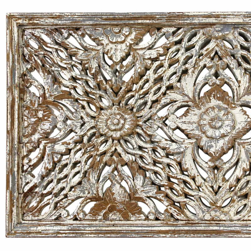 Floral Jali Carved Panel – Whitewashed Wood