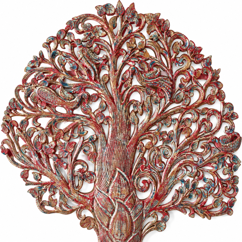 Tree of Life Carved Wall Panel – Grey Red Patina