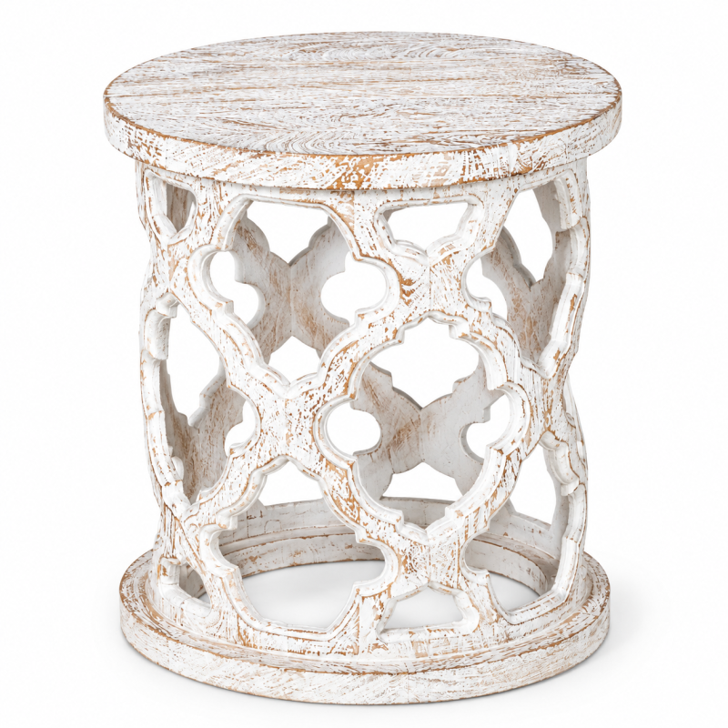 Round Jali Stool – Whitewashed Wood
