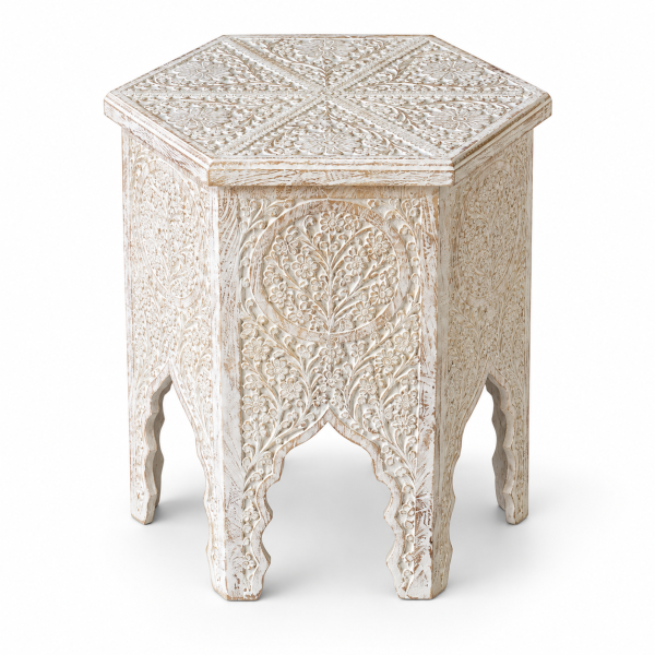 Hexagonal Carved Stool – Whitewashed Wood, Pair