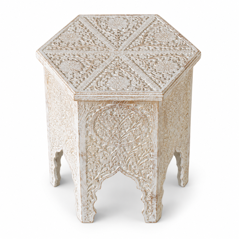 Hexagonal Carved Stool – Whitewashed Wood, Pair
