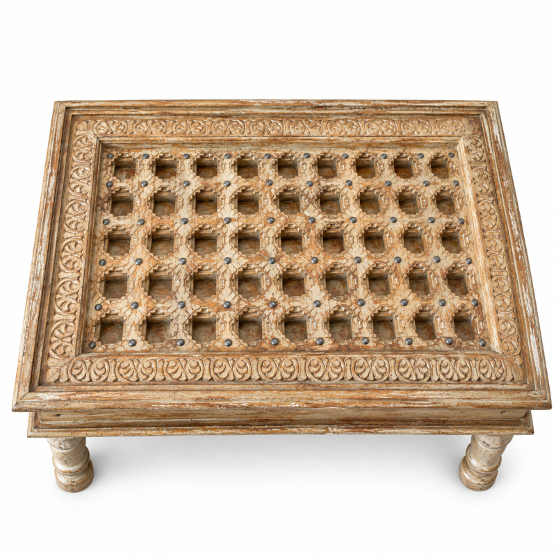 Lattice Coffee Table with Glass Top – Natural Wood