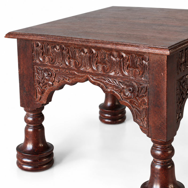 Carved Table with Turned Legs – Dark Wood