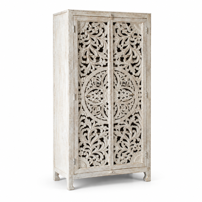 Slim Jali Almari Cabinet – Whitewashed Wood