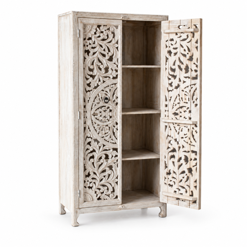 Slim Jali Almari Cabinet – Whitewashed Wood