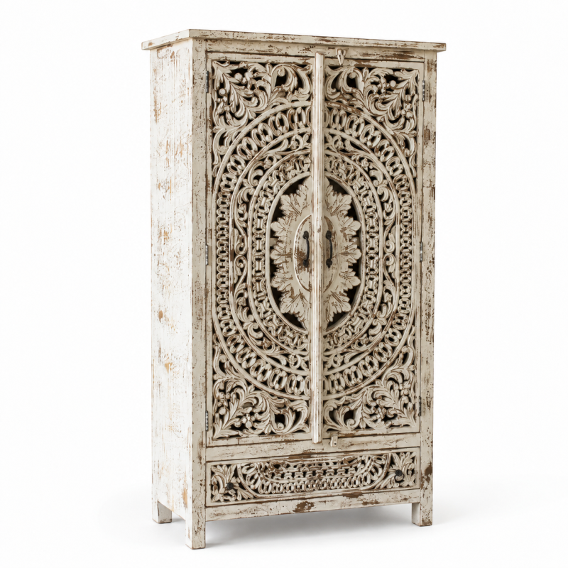 Two-Door Mandala Jali Almari – Whitewashed Wood