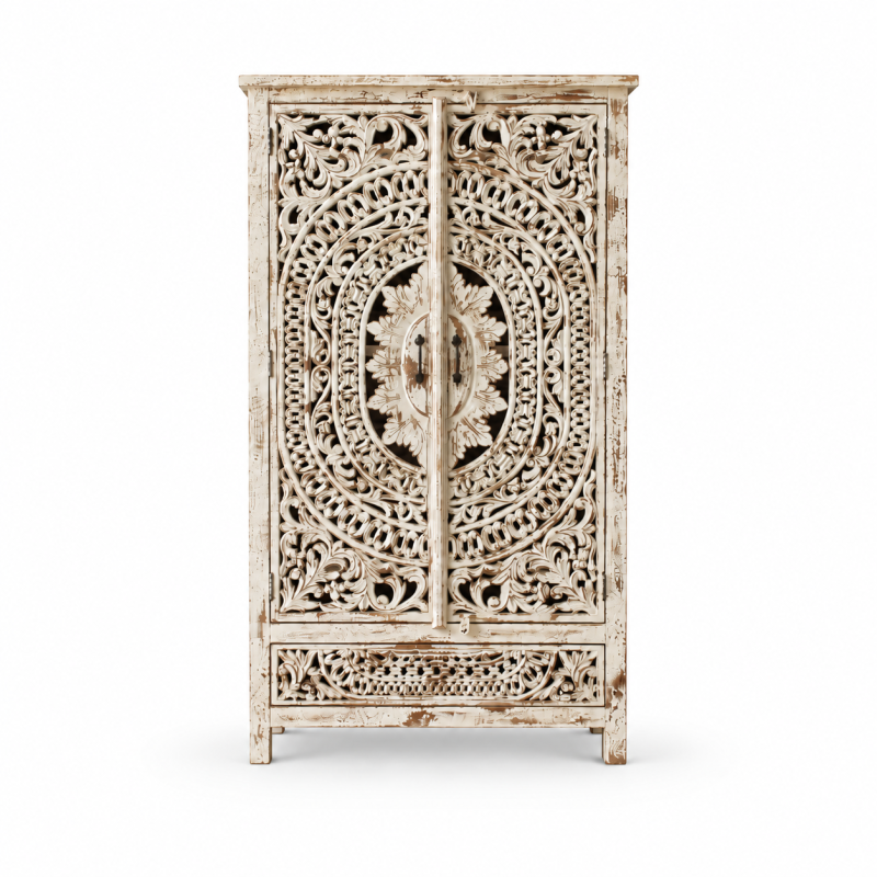 Two-Door Mandala Jali Almari – Whitewashed Wood