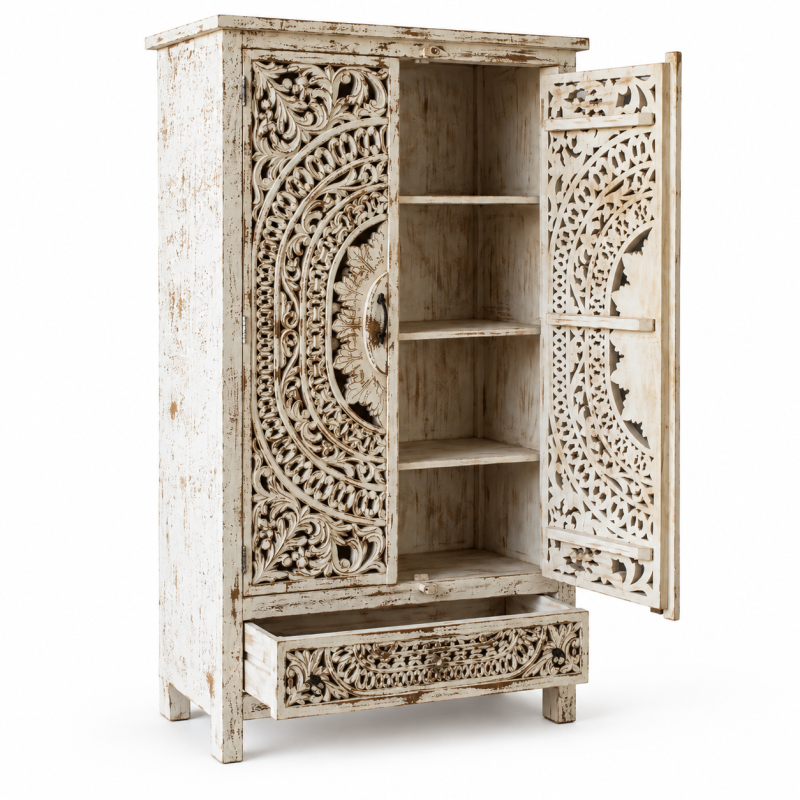Two-Door Mandala Jali Almari – Whitewashed Wood