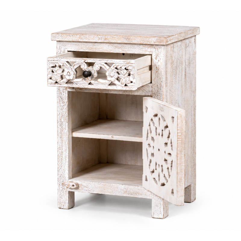 Jali Bedside Cabinet – Whitewashed Wood, Pair