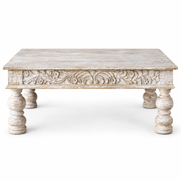 Carved Coffee Table with Turned Legs – Whitewashed Wood