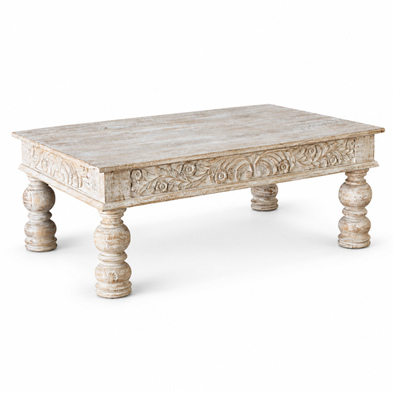 Carved Coffee Table with Turned Legs 